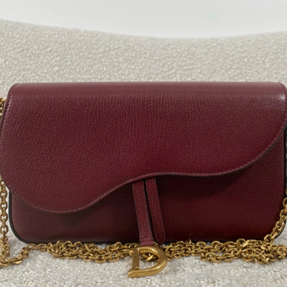 Authentic Pre-Owned Dior Medium Saddle Pouch with Chain Burgundy Goatskin - Picture 2 of 16
